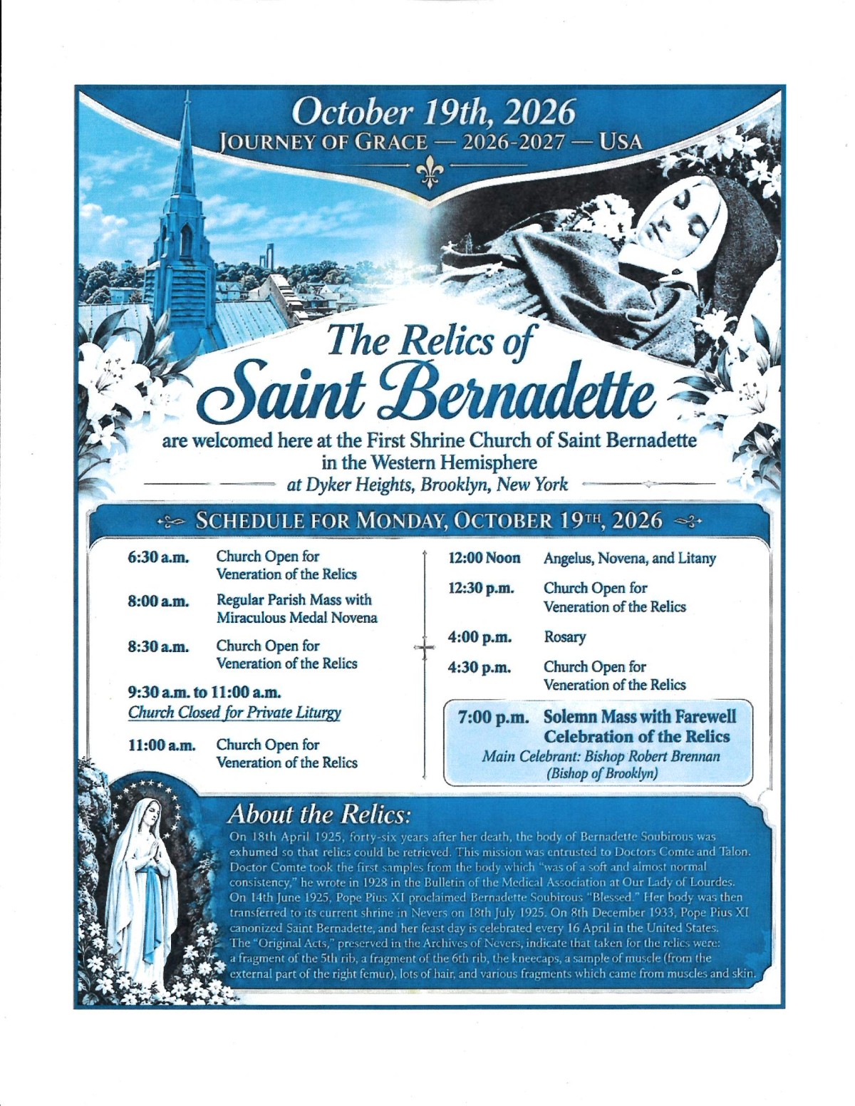 Monday - October 19, 2026 The Relics of Saint Bernadette